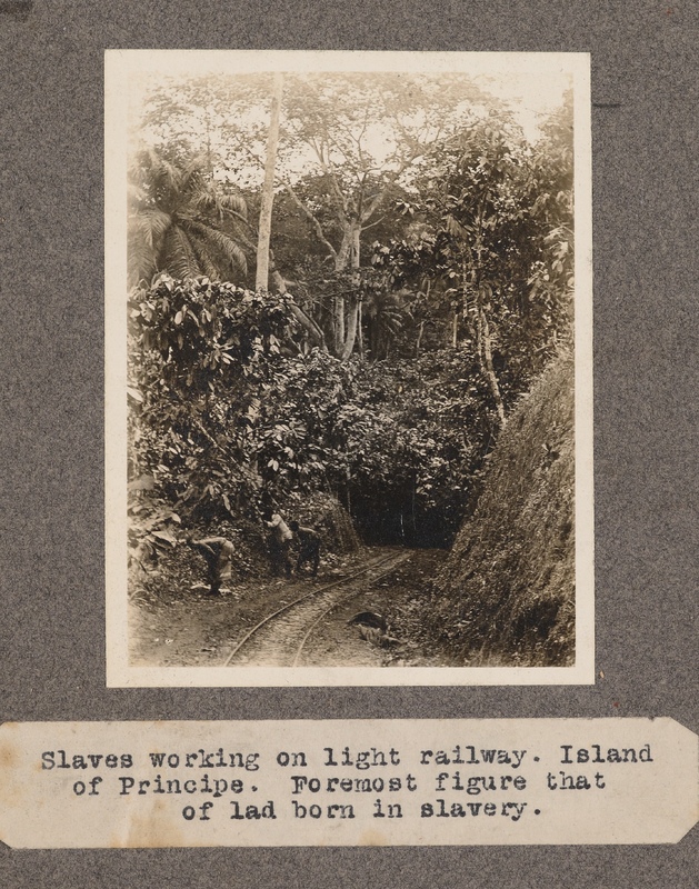 Slaves working on light railway. Island of Principe. Foremost figure that of lad born in slavery.