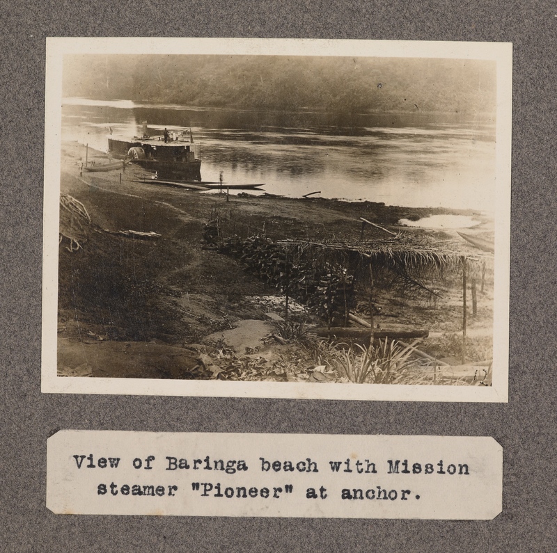 View of Baringa beach with mission steamer Pioneer at anchor