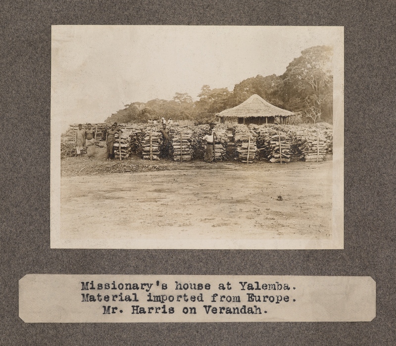 Missionary's house at Yalemba. Material imported from Europe. Mr. Harris on verandah