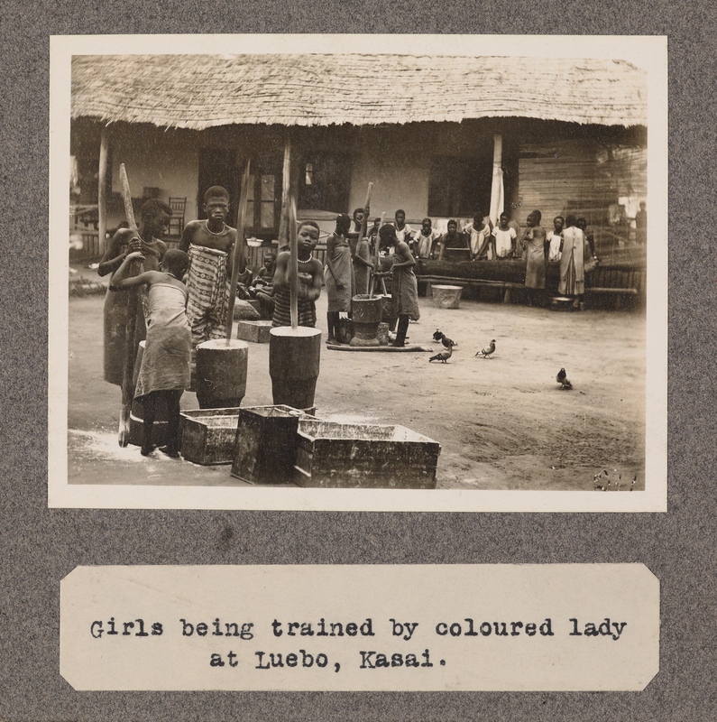 Girls being trained by coloured lady at Luebo, Kasai