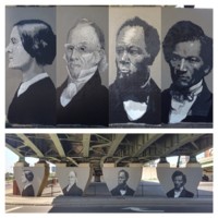 Shawn Dunwoody, Historic Rochester mural, Interstate 490 bridge at W Main St, Rochester, 2014.jpg