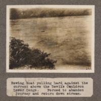 Rowing boat pulling hard against the current above the Devil's Cauldron, lower Congo. Forced to abandon journey and return down stream